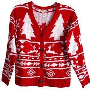 Merry Christmas by Poof Red/White Button Up V-Neck Cardigan Cotton-Acrylic